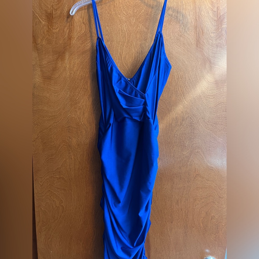 AX Body Hugging Ruched Sides & Back Criss-Crossed Neckline Royal Blue Dress NWT